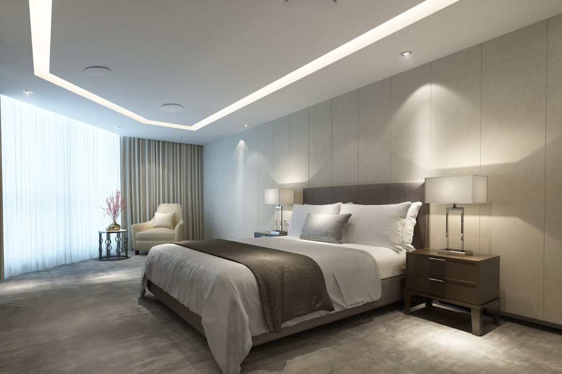 Luxury hotel room with circular coanda effect vents